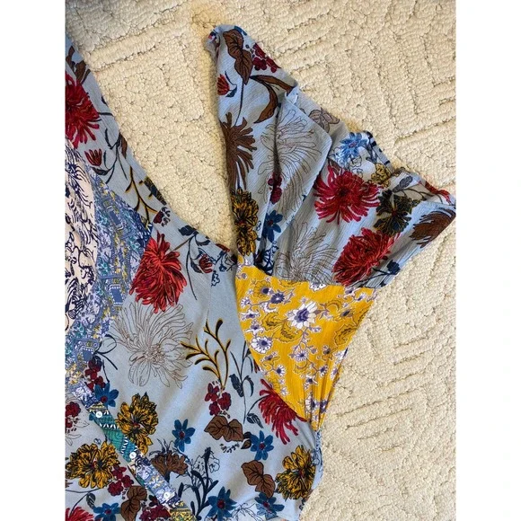 Umgee Patchwork Floral Print Handkerchief Uneven Hem Midi Dress Blue Yellow 1XL - Picture 3 of 7